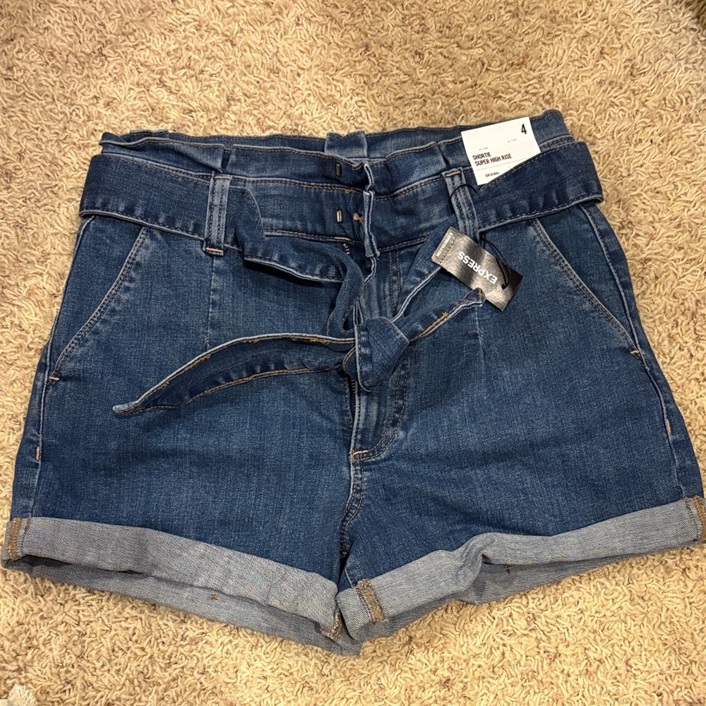 NWT Express High Rise Tie Waist Denim Shorts